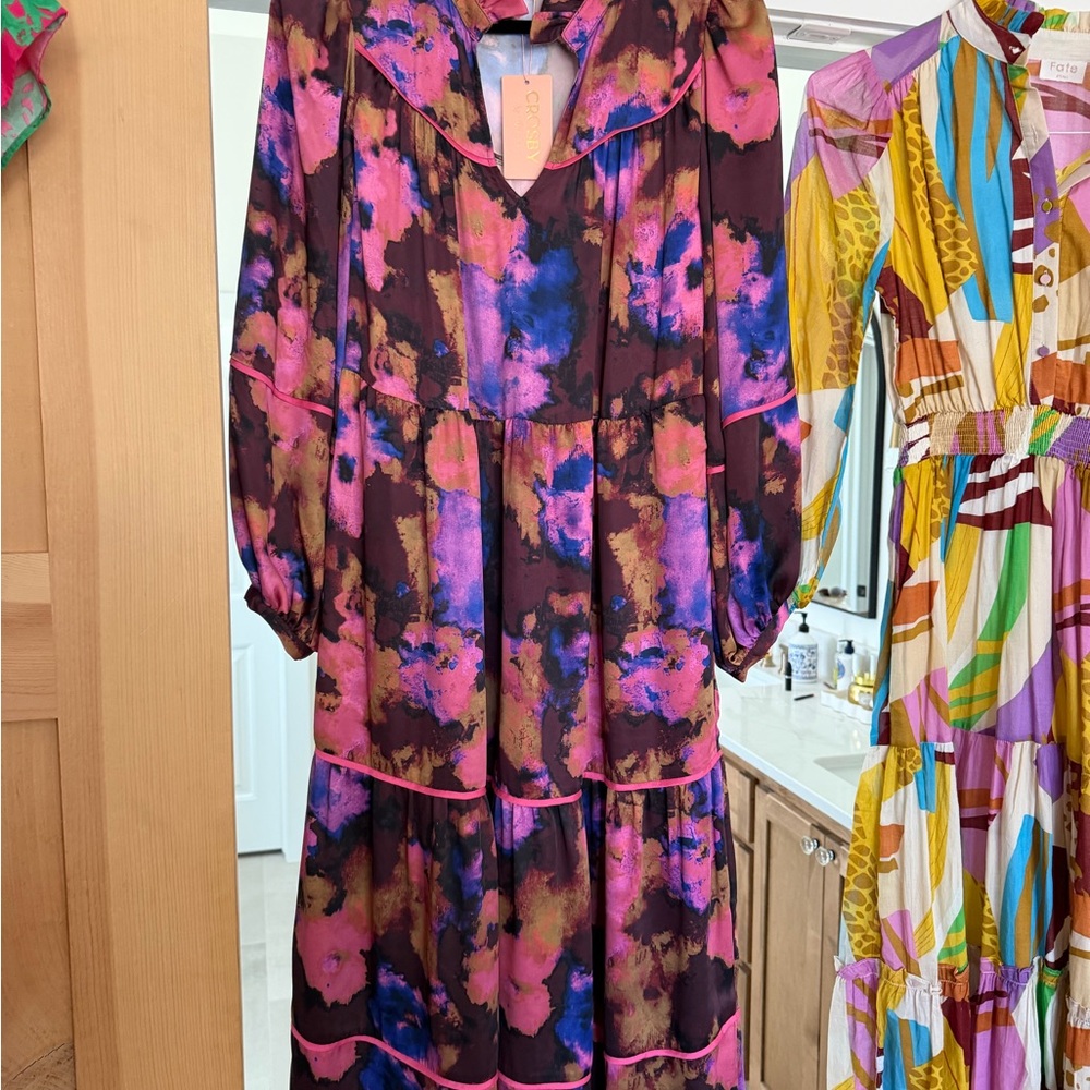 Women’s Multicolor Floral Tiered Long Sleeve Dress - Pink & Brown